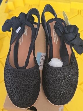 TOMS Black Crochet Ankle Tie Espadrilles